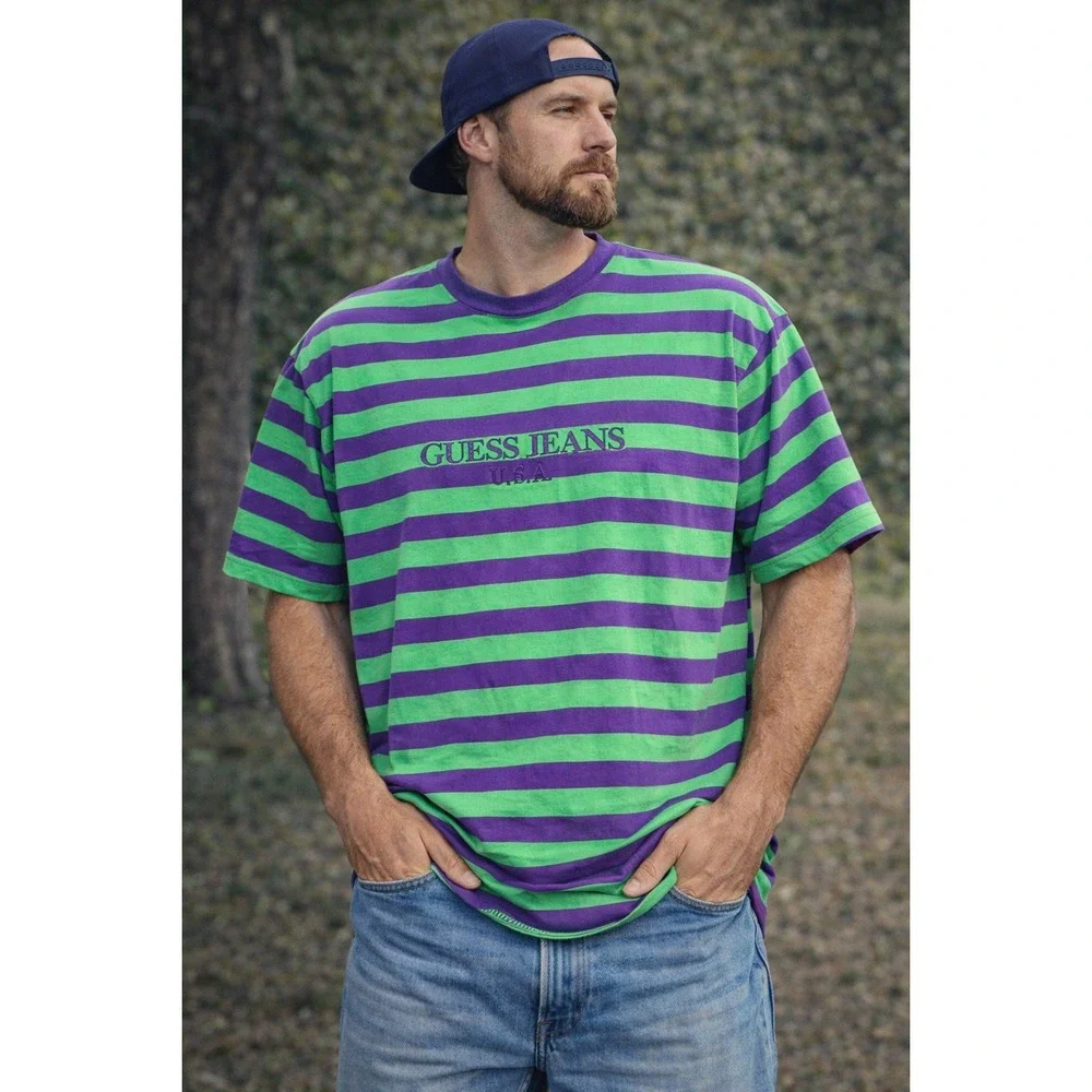 Vintage Guess Jeans USA Striped Shirt USA Purple Green 90s Georges Marciano L - Picture 6 of 6